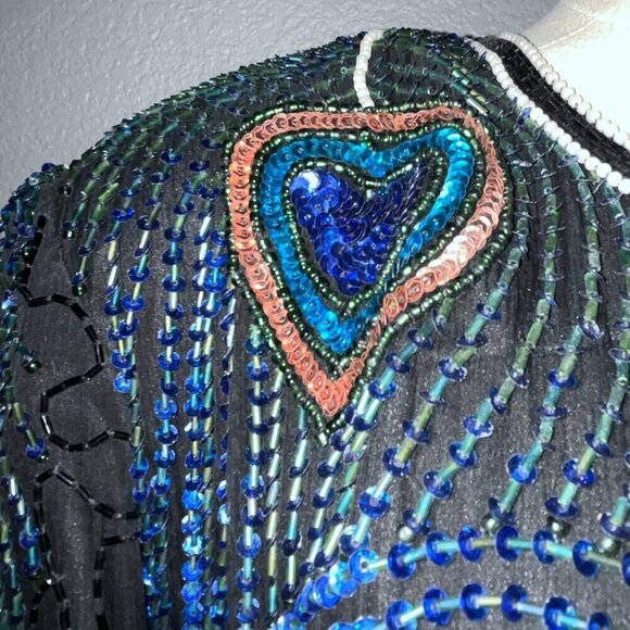 LAWRENCE KAZAR NEW YORK Beaded Top Black Peacock Design 100% Silk Plus Size 2X - Picture 6 of 16